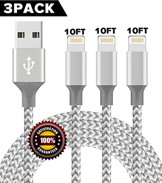 iPhone Charger,Zcen MFi Certified Lightning Cable 3Pack 10FT Extra Long Nylon Braided USB Charging & Syncing Cord Compatible iPhone Xs/Max/XR/X/8/8Plus/7/7Plus/6S Plus - Grey White
