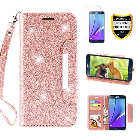 Galaxy Note 5 Case, with Screen Protector, TPU   Leather Bling Glitter Flip Wallet Case with Kickstand Credit Card Holder Slot for Girls/Women for Samsung Galaxy Note 5, Rose Gold