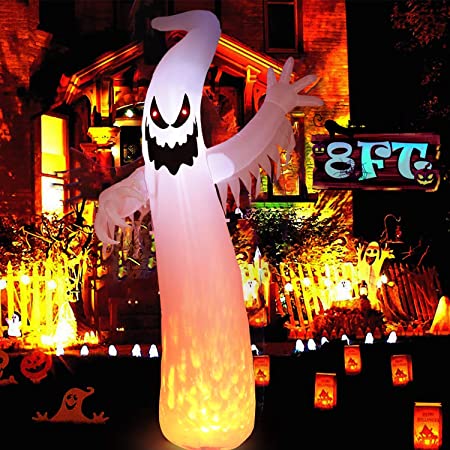 Albrillo 8FT Halloween Inflatables Outdoor Decorations Halloween Blow Up Yard Decorations White Ghost with LED Lights for Yard Lawn Party Decors