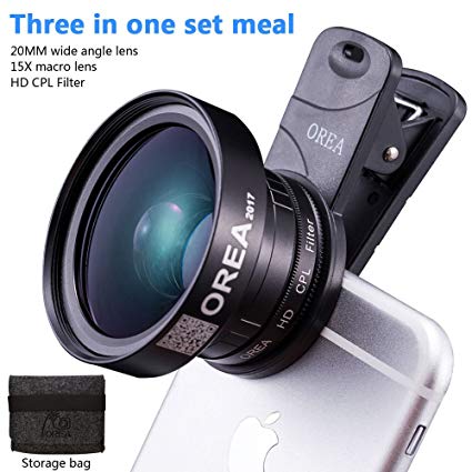 3IN 1 Optical Phone Lens Kit for Iphone7,20mm Wide Angle Lens Plus15x Macro Lens Attachment  37mm CPL Lens Filter for Pixel Samsung IOS Android Tablet