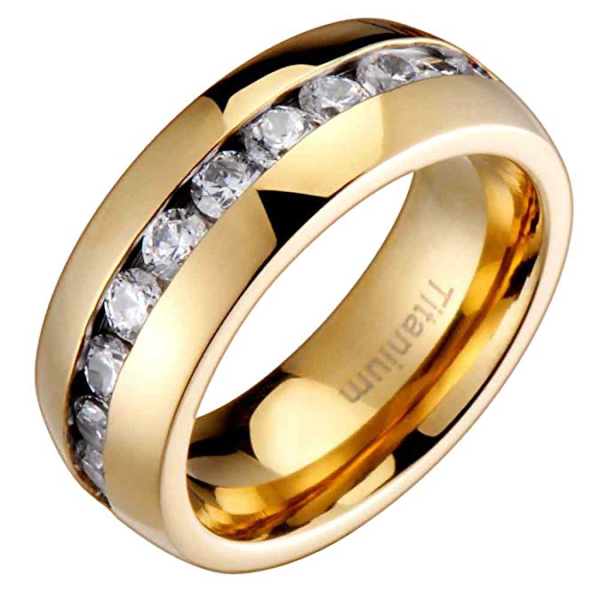 FlameReflection 8mm Comfort Fit Titanium Wedding Band Gold-Plated Engagement Ring Channel Set CZ SPJ