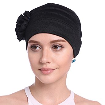 Women Chemo Cap Sleep Turban Headwear Hat with Elegant Side Flower Pleated Skull Caps for Cancer Patients