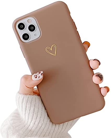 Ownest Compatible with iPhone 11 Pro Max Case for Soft Liquid Silicone Gold Heart Pattern Slim Protective Shockproof Case for Women Girls for iPhone 11 Pro Max-Brown