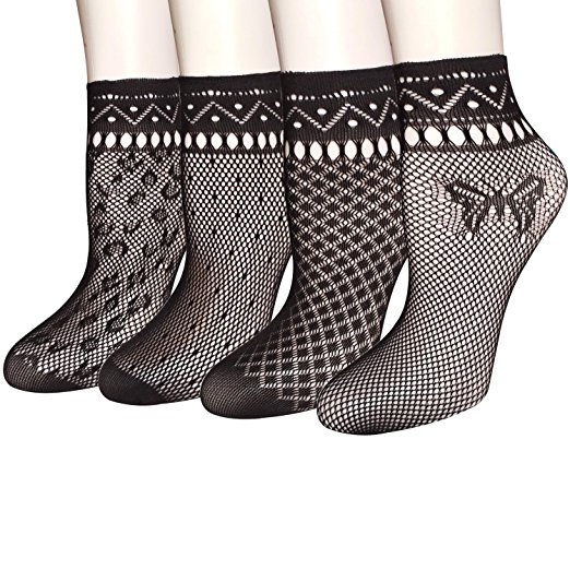 4 Pairs Women's Lace Fishnet Sheer Ankle Dress Socks - Stylish Black