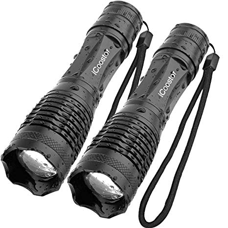 Flashlights iCoostor E6 Handheld LED Torches Flashlight Super Brightness Waterproof Taclight5 Modes Zoomable Focus for Outdoor (2pcs)