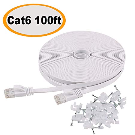 Cat6 Ethernet Cable 100 Ft Flat White with Clips, jadaol® Network Cable, Thin Cat 6 Ethernet Patch Cable, Slim Internet Computer Cable with Snagless Rj45 Connectors - 100 Feet White(30 Meters)