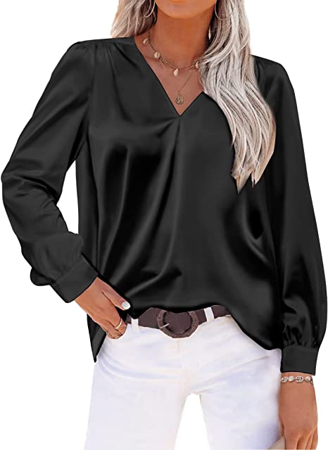 Beyove Satin Silk Women Shirt Long Sleeve V Neck Casual Loose Work Office Blouse Tunic Tops S-XXL