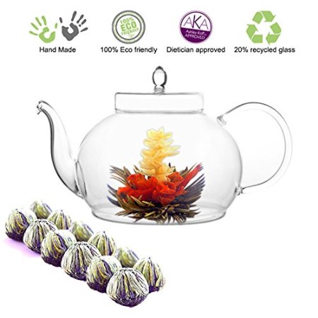 Blooming Flower Tea Set 45 Oz Glass Teapot Includes 12 Tea Blooms