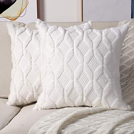 Madizz Pack of 2 Soft Plush Short Wool Velvet Decorative Throw Pillow Covers Luxury Style Cushion Case Pillow Shell for Sofa Bedroom Square White 22x22 inch