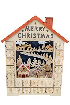 Clever Creations Traditional Wooden Christmas Advent Calendar | Festive Christmas Village Decorations | Battery Operated LED Lights | Winter Snow and Christmas Tree