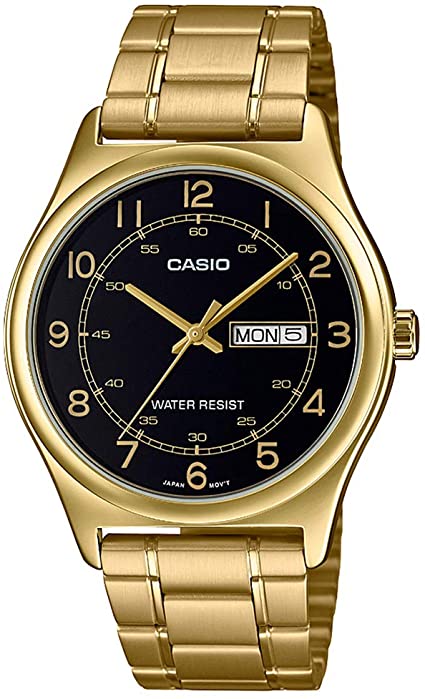 Casio MTP-V006G-1B Men's Gold Tone Stainless Steel Easy Reader Black Dial Day Date Analog Dress Watch