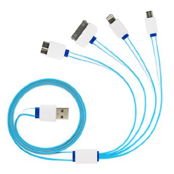 Multi USB Cable, 4 in 1 Tangle-Free Universal USB Charger Cable for iPhone 6s, 6s Plus, 5 / 5S / 5C / SE, 4S 4, iPad Mini, Galaxy S6 Edge, S4, S5, Note 4 5, all Android and Tablets (Blue)