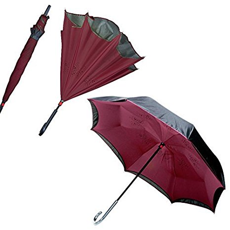 Double Layer Inverted Umbrella, AmbrellaOK Cars Reverse Umbrella Straight Waterproof Inside Out Compact Travel Umbrella for Car