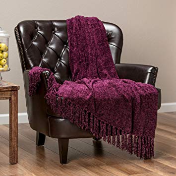 Chanasya Chenille Velvety Texture Decorative Throw Blanket with Tassels Super Soft Cozy Classy Elegant with Shimmer for Sofa Chair Couch Bed Living Bed Room Purple Throw Blanket (50"x65")- Aubergine