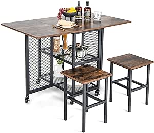 COSTWAY 3 Piece Folding Dining Table Set, Drop Leaf Bar Table Set with 2 Stools, 6 Wheels & 2-Tier Storage Shelf, Space-Saving Dining Table and Chairs for Kitchen Living Room