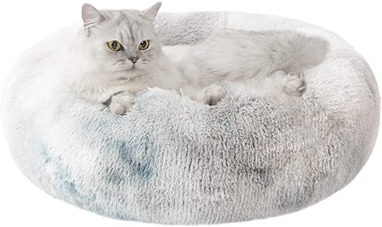 Love's cabin 24in Cat Beds for Indoor Cats - Cat Bed with Machine Washable, Waterproof Bottom - Tie-Dye/Grey Fluffy Dog and Cat Calming Cushion Bed for Joint-Relief and Sleep Improvement