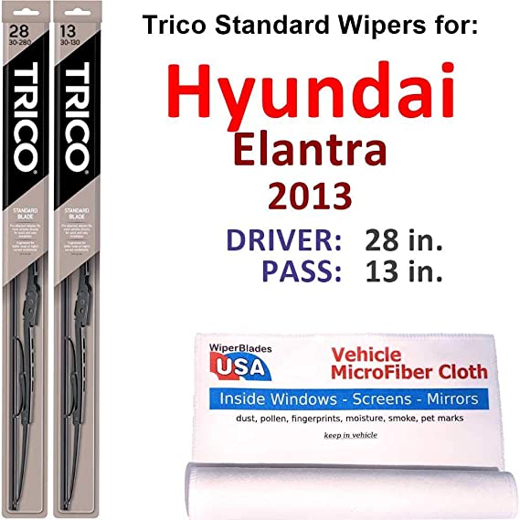 Wiper Blades Set for 2013 Hyundai Elantra Driver/Pass Trico Steel Wipers Set of 2 Bundled with MicroFiber Interior Car Cloth