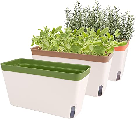 OurWarm Self Watering Plant Pots, Set of 3 10.5 Inch Rectangular Windowsill Herb Planter Box, Modern Plastic Flower Pots for Indoor Outdoor Garden Office Patio, Planters with Drainage Hole Hidden Tray