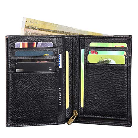 Men's RFID Blocking Wallet, Lensun Genuine Leather Bifold Wallet Coin Purse | Credit Card Holder | Travel Wallet with Gift Box – Black (LS-ZB-BK)