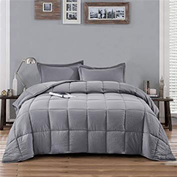 HIG 3pc Prewashed All Season Goose Down Alternative Comforter Duvet Insert -Quilted Comforter with Corner Tabs -Box Stitched -250GSM Fiberfill Shabby Chic Farmhouse Style Bedding(Salomon,Queen,Gray)