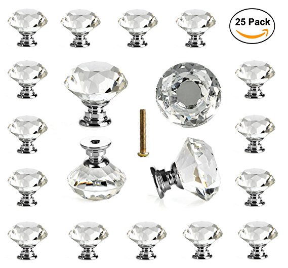 25 pcs Crystal Glass Knobs Drawer Pulls for Kitchen Bathroom Cabinet, Dresser and Cupboard by DeElf