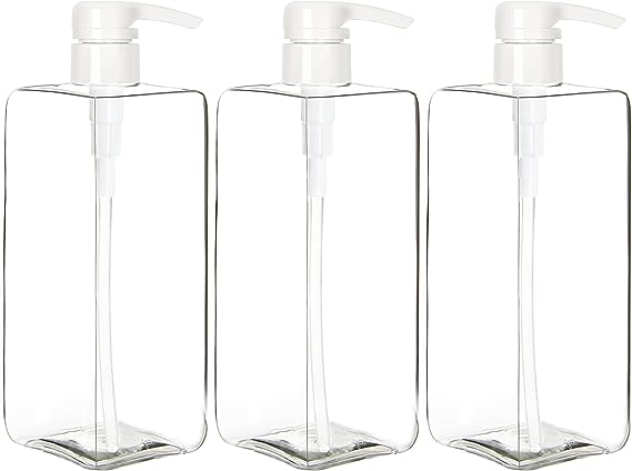 Youngever 3 Pack 24 Ounce Plastic Pump Bottles, Refillable Square Plastic Pump Bottles for Dispensing Lotions, Shampoos and More (Clear)