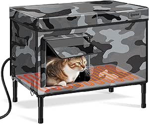 IPOW 6 Layers Ultra Sturdy Cat Houses for Outdoor Cats, 100% Waterproof with 900D Oxford Fabric & Fully Insulated Weatherproof Heated Plush Pad Heated Cat House for Outside