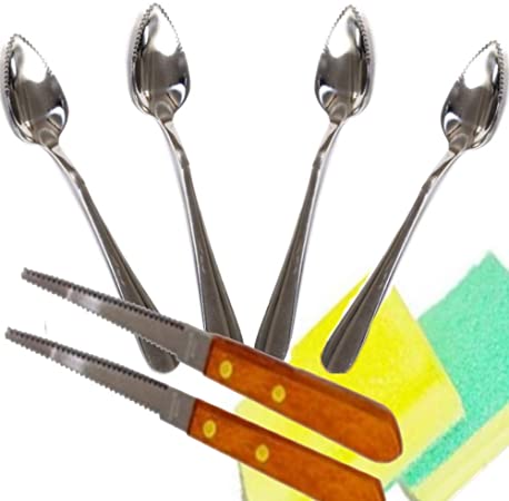Four (4) Grapefruit Spoons and Two (2) Grapefruit Knives, Stainless Steel, Serrated Edges With BONUS Sponges