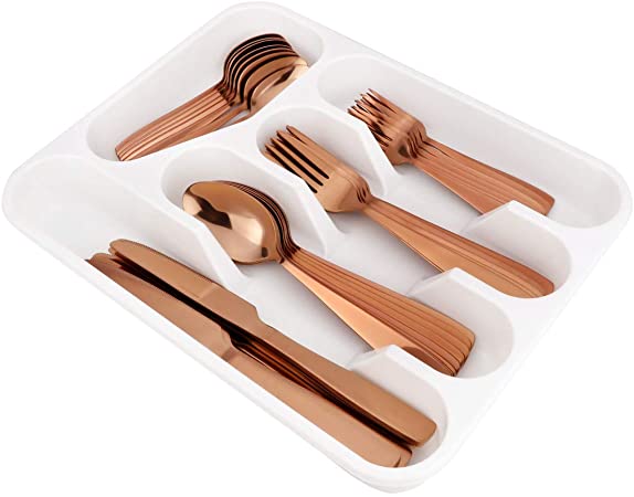 Moxinox 40-Piece Copper Silverware Flatware Set with Cutlery Drawer Organizer, Camping Stainless Steel Wedding Utensils Tray for 8, Include Dinner Knife,Dinner Forks,Dinner Spoons,Salad Forks,Teaspoon