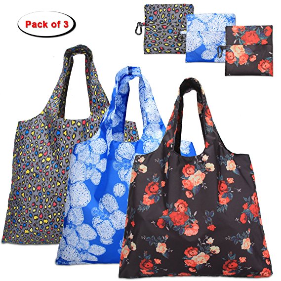 Yarwo Reusable Grocery Bag(Pack of 3) with Attached Pouch and Carabiner Clip, Foldable Shopping Bag