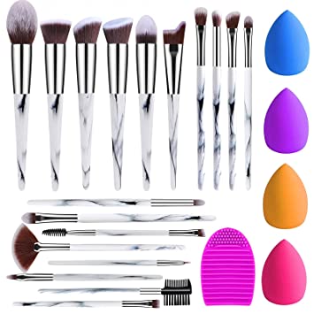 BESTOPE 18Pcs Makeup Brushes Set, 4Pcs makeup Sponge Set and 1 Brush Cleaner, Premium Synthetic Foundation Make Up Brushes Kit Marble Conical Handle(Marble)