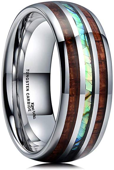 King Will Nature 8mm Tungsten Carbide Wedding Ring Inlaid with Real Wood & Colorful Fragments/Multicolor Opal Engagement Band