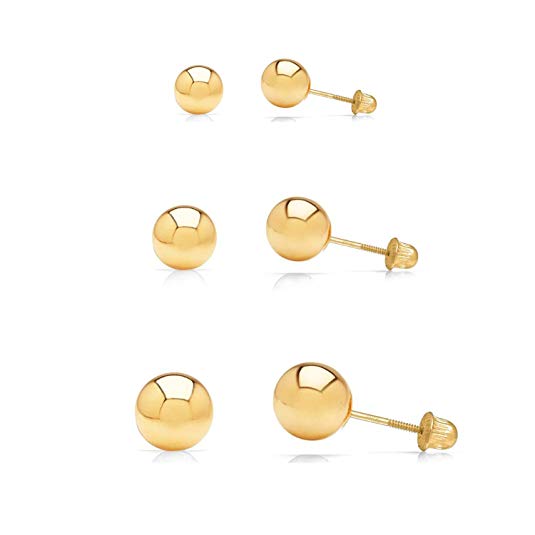 3 Pair Set 14k Gold Ball Stud Earrings 3mm, 4mm, 5mm with Secure Screw-Backs