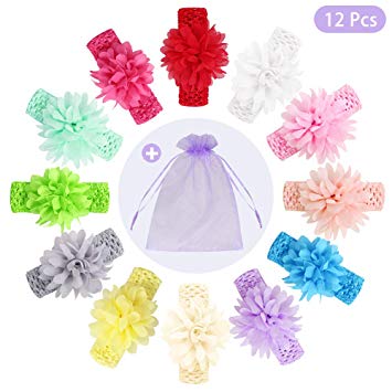 Baby Girls Headbands Chiffon Flower Soft Strecth Hair Band Hair Accessories Hair Bow for Newborns Infants Toddlers (12Pcs)