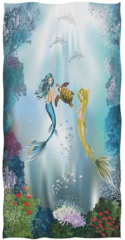 Naanle Marine Mermaid Sea Turtle Dolphin Coral Reef Fish Ocean Underwater World Soft Bath Towel Absorbent Hand Towels Multipurpose for Bathroom Hotel Gym and Spa 30"x15"