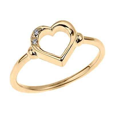 Fine 10k Yellow Gold Dainty Band 2-Stone Diamond Open Heart Ring