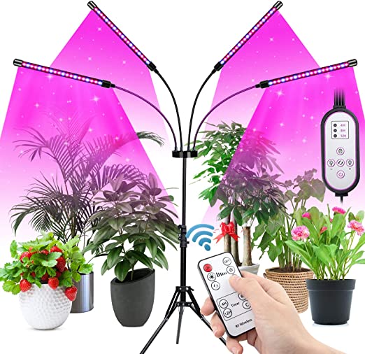 Niello Ldmhlho Plant Light for Indoor Plant, Grow Light with Stand, 10 Level Growing Light with Dual Controller, 4-Head Growing Lamp Tripod Adjustable 15-63 Inch&4/8/12h Timer