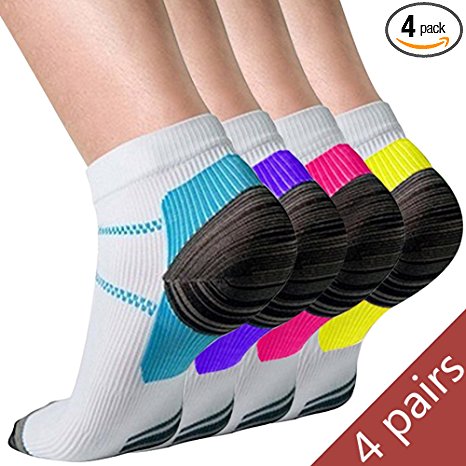 Yijiujiuer 4 Pairs Compression Ankle Socks for Women and Men, Low Cut Plantar Fasciitis Arch Support Sports Sock for Running, Hiking, Walking, Flight, Travel