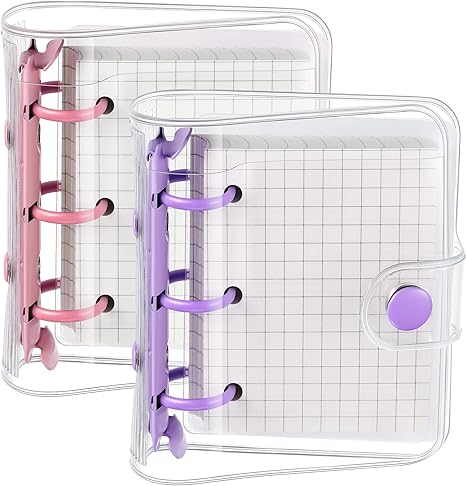 2 Sets Mini Transparent 3 Ring Binder Covers with Mini Binder Inner Paper Pockets Clear Soft PVC Notebook Closure Loose Leaf Folder Round Ring Binder Cover Protector with Snap Button (Pink, Purple)