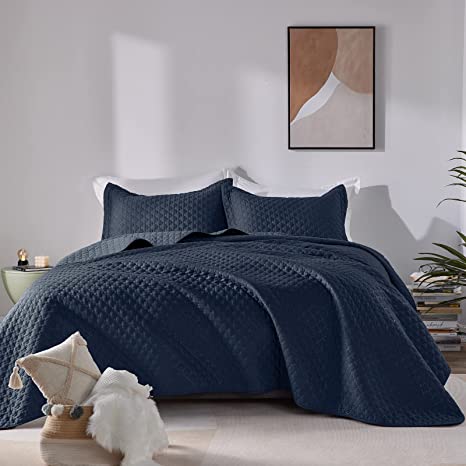 CozyLux Summer Quilt Sets Queen/Full Size Navy Blue 3 Pieces - Lightweight Soft Bedspread - Lantern Ogee Pattern Coverlet Bedding Set for All Season - 1 Quilt and 2 Pillow Shams - Navy, 90"x96"