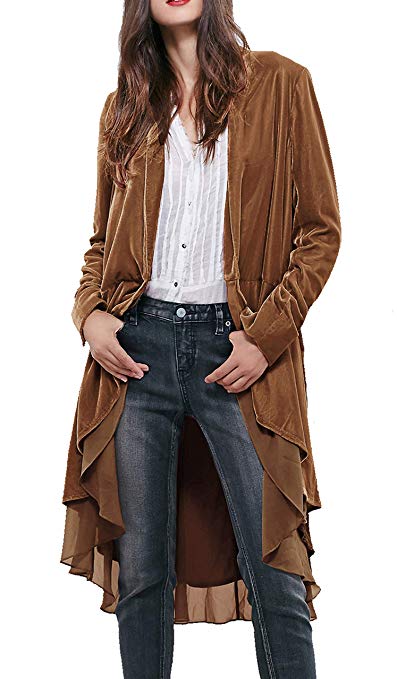 R.Vivimos Womens Ruffled Asymmetric Long Velvet Blazers Coat Casual Jackets