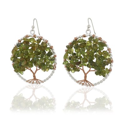 Handmade Silver-Plated Copper Trunk Tree of Life Gemstone Bead Dangle Earrings