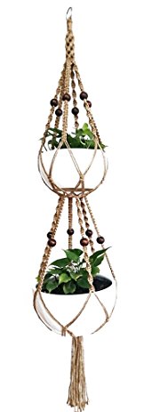 6 Legs Macrame Plant Hanger Natural Jute Double Plant Hanger & Holder with Metal Ring and 6 pcs Round Brown Wood Bead, 65-inches Length (Without the white pot and plant)