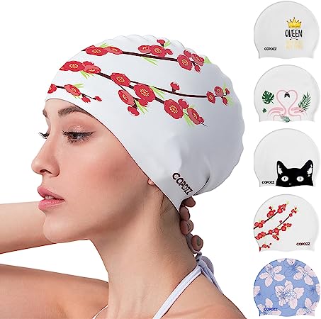 COPOZZ Adult Swim Caps, Silicone Waterproof Comfy Bathing Cap Swimming Hat for Long and Short Hair