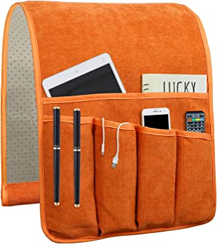 Sofa Armrest Organize remote holder bedside caddy organizer with 5 pockets，non-slip couch remote control holder couch armchair caddy accessories (35"x12.4", Orange)