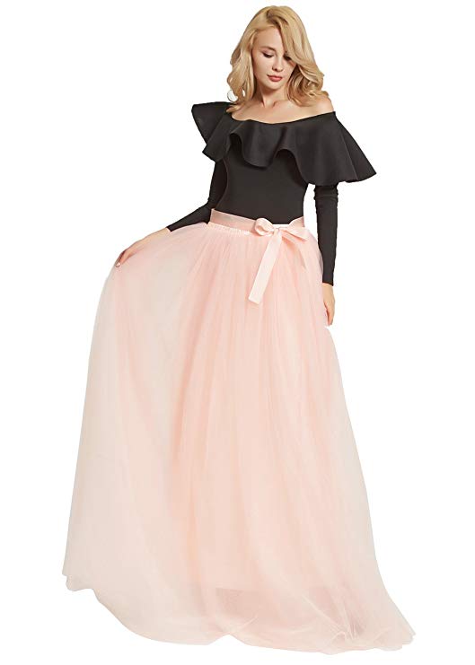Womens Floor Length Bowknot Tulle Party Evening Skirt Princess A Line Layered Long Tutu