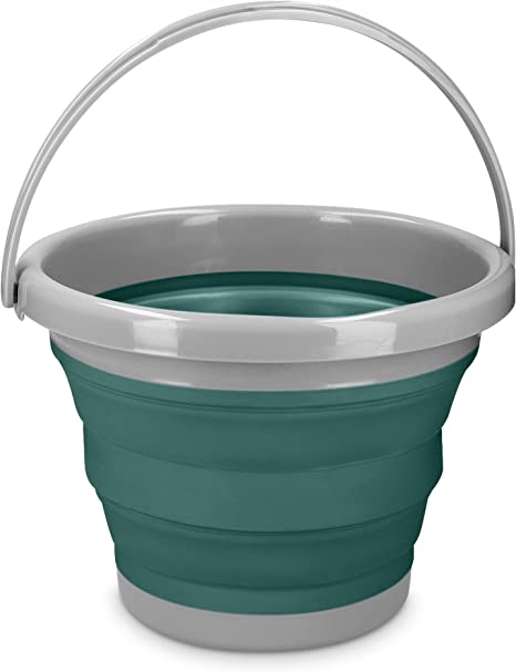 Navaris Collapsible Bucket with Handle - 1.3 Gallon (5L) Portable Pail for Camping, Beach, Gardening, Fishing, Water, Washing - Size M, Green