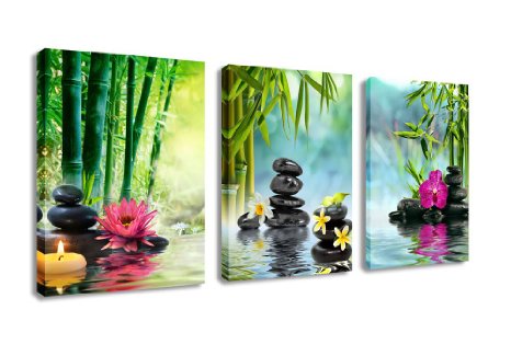 Canvas Painting Wall Art Decor SPA Stone Green Bamboo Pink Waterlily and Frangipani Pictures - 3 Panels Modern Zen Canvas Painting Prints Giclee Art for Home Office and Kitchen Framed Ready to Hang