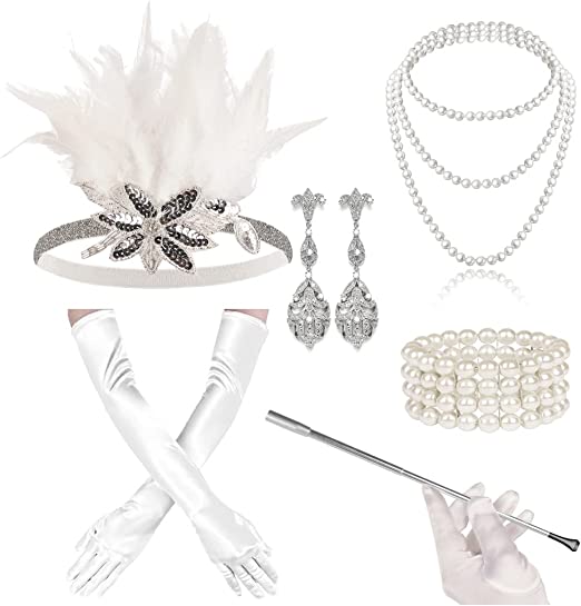 Cizoe 1920s Accessories Set for Women, Flapper Accessory Great Gatsby Costume Headband Flapper Necklace 20s Gloves