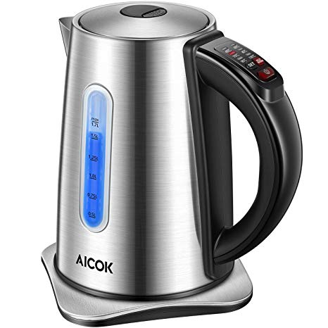 Aicok Kettle Electric Stainless Steel Tea Kettle Temperature Control Kettle with Keep Warm Function, 3000W Fast Boil Kettle Cordless, Double Water Gauge and 6 Colors LED Light
